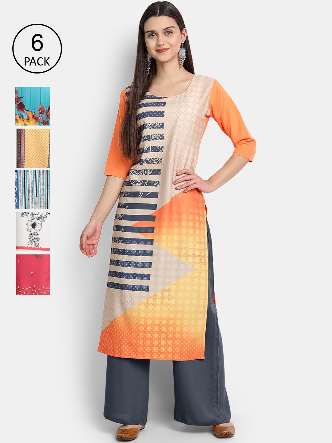 

7Threads Women Pack of 6 Multicoloured Printed Crepe Straight Kurta, Multi