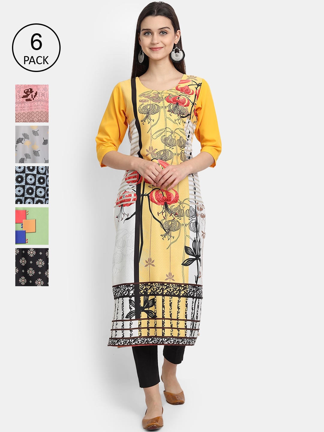 

7Threads Women Pack of 6 Ethnic Motifs Printed Crepe Kurta, Yellow