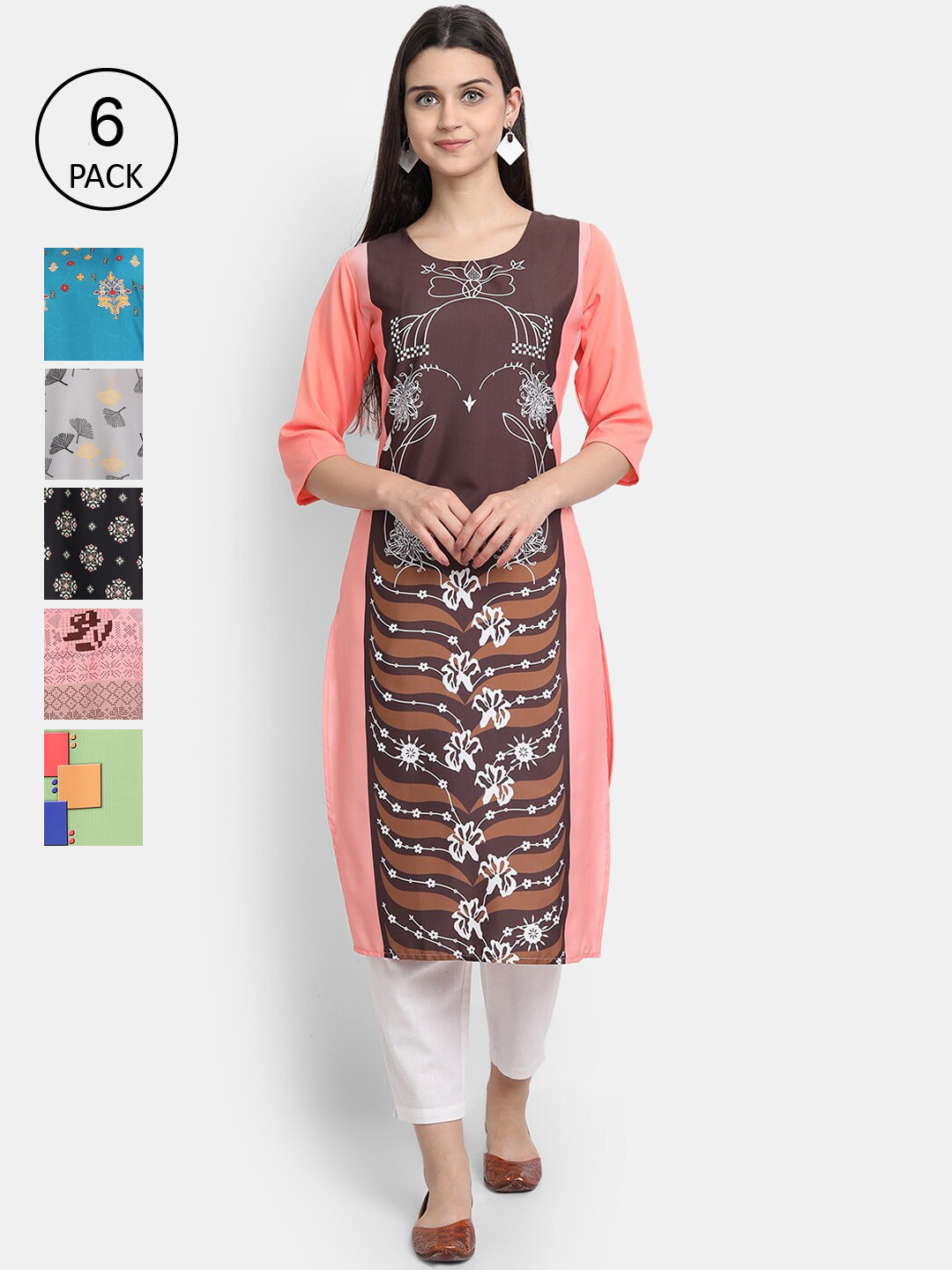 

7Threads Women Pack Of 6 Floral Printed Crepe Kurta, Multi