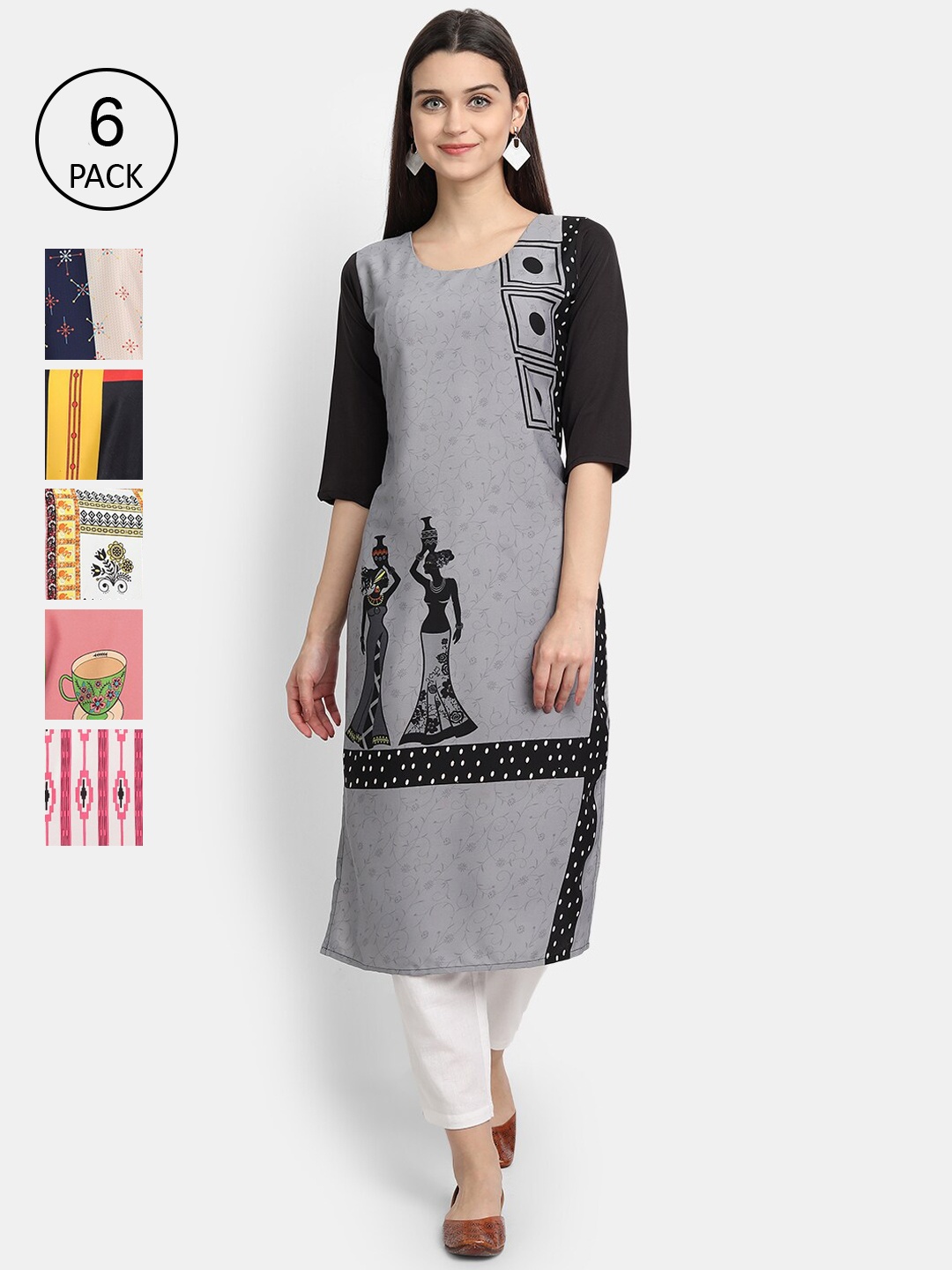 

7Threads Women Pack Of 6 Multicoloured Ethnic Motifs Printed Crepe Kurta, Multi