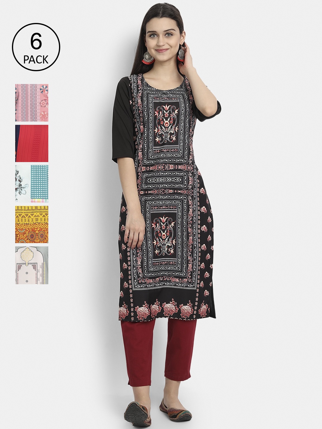 

7Threads Women Pack Of 6 Ethnic Motifs Printed Crepe Kurta, Multi