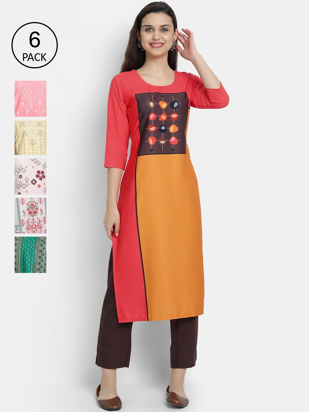 

7Threads Women Pack of 6 Ethnic Motifs Printed Crepe Kurta, Pink