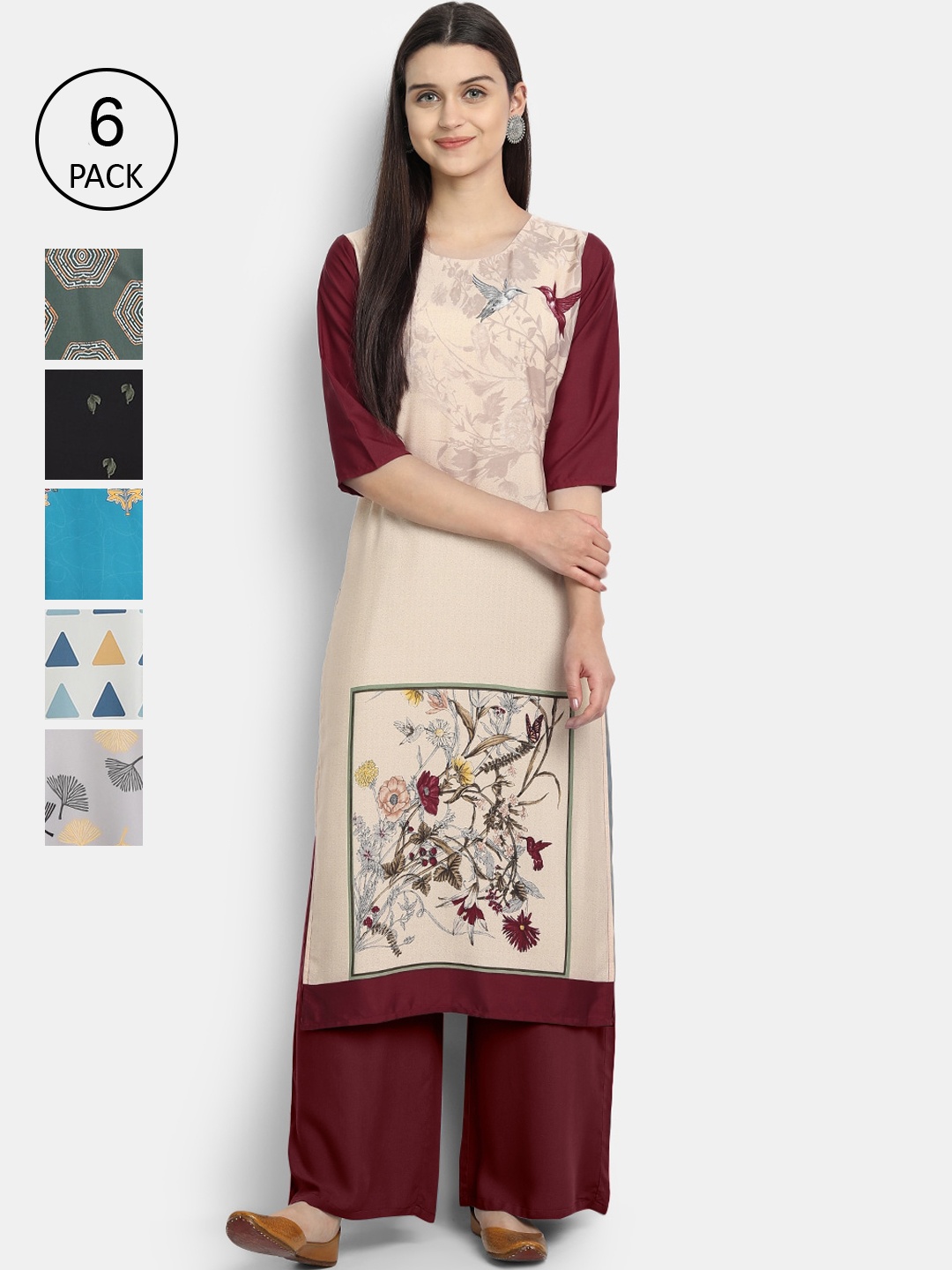 7Threads Pack of 6 Women Printed Crepe Kurta, Multi