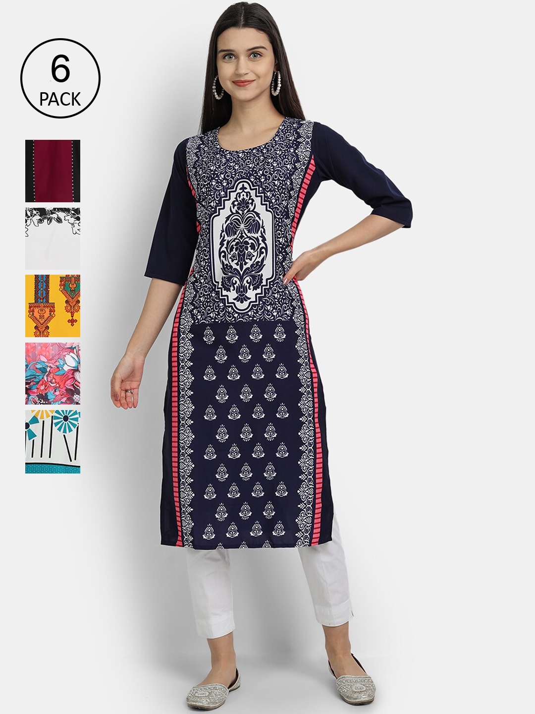 

7Threads Women Blue & Yellow Ethnic Motifs Printed Crepe Kurta
