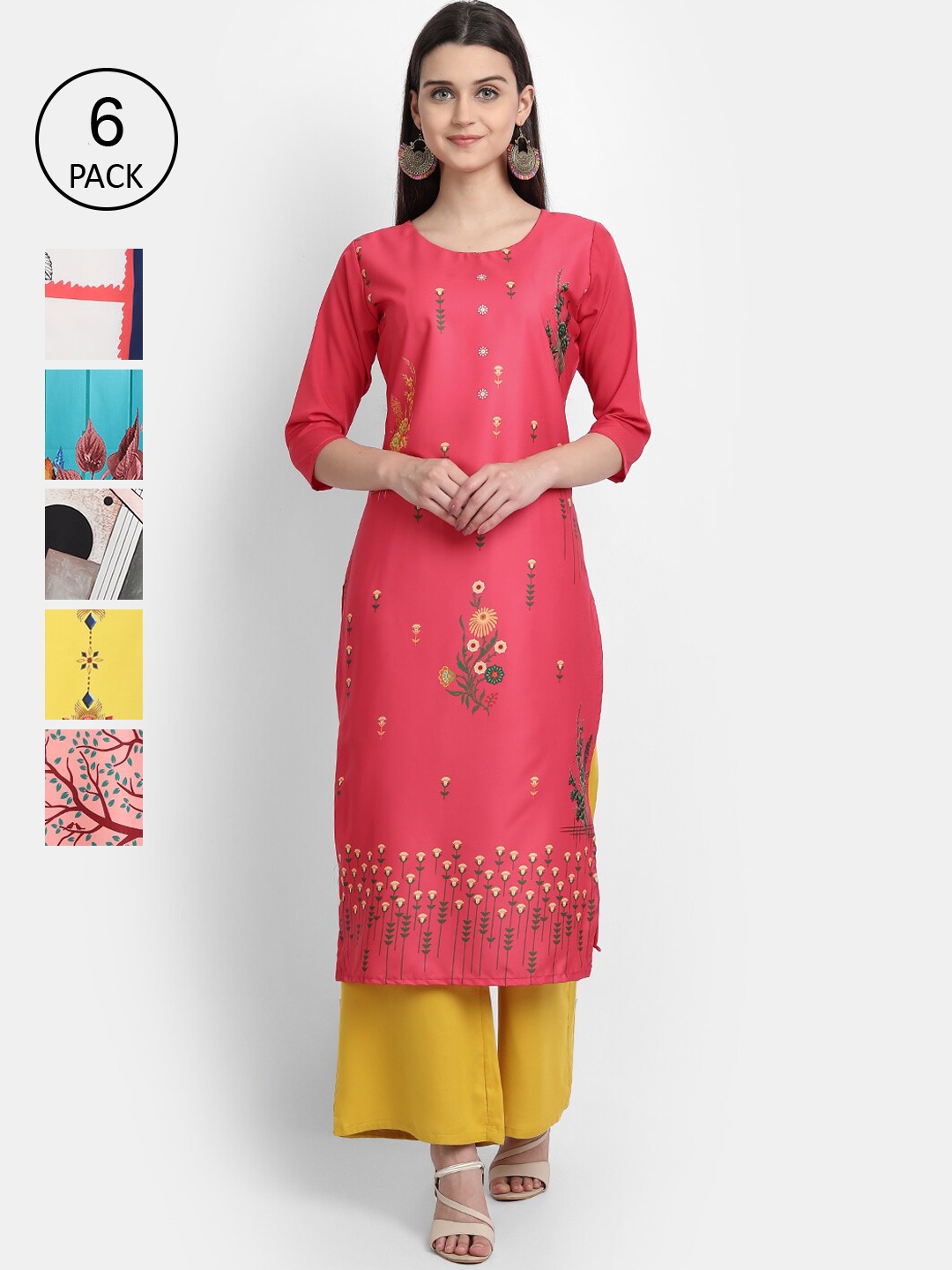 7Threads Women Coral & Yellow Ethnic Motifs Printed Crepe Kurta