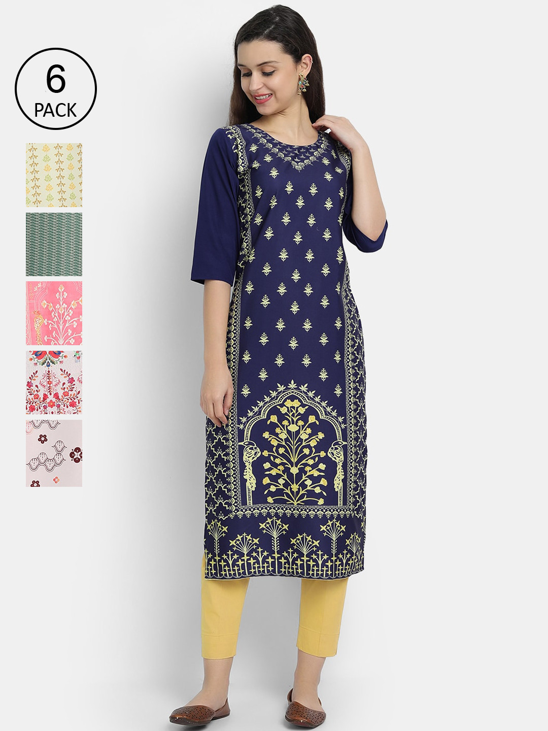

7Threads Women Pack of 6 Crepe Ethnic Motifs Printed Crepe Kurta, Blue