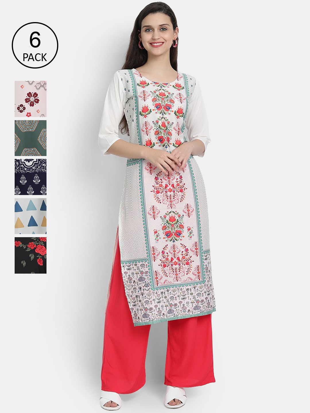 

7Threads Women Pack of 6 Ethnic Motifs Printed Crepe Kurta, Multi