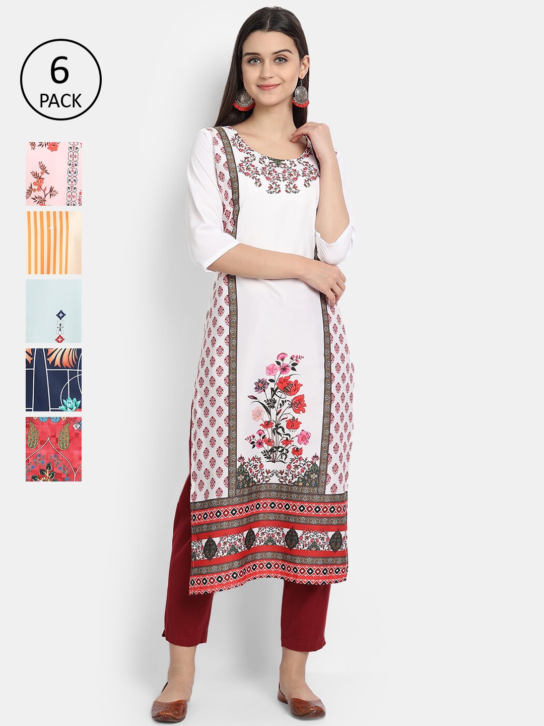 

7Threads Women Multicoloured Digital Printed Pack Of 6 Crepe Straight Kurta, Multi