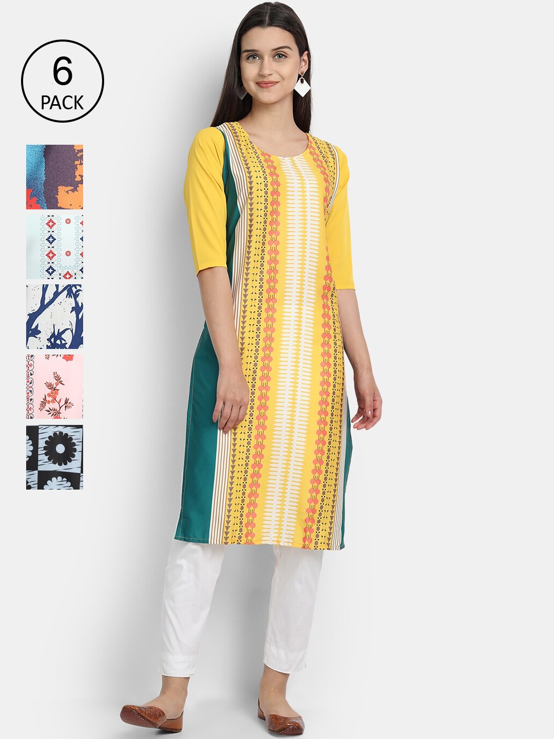 

7Threads Women Pack of 6 Ethnic Motifs Printed Crepe Kurta, Multi