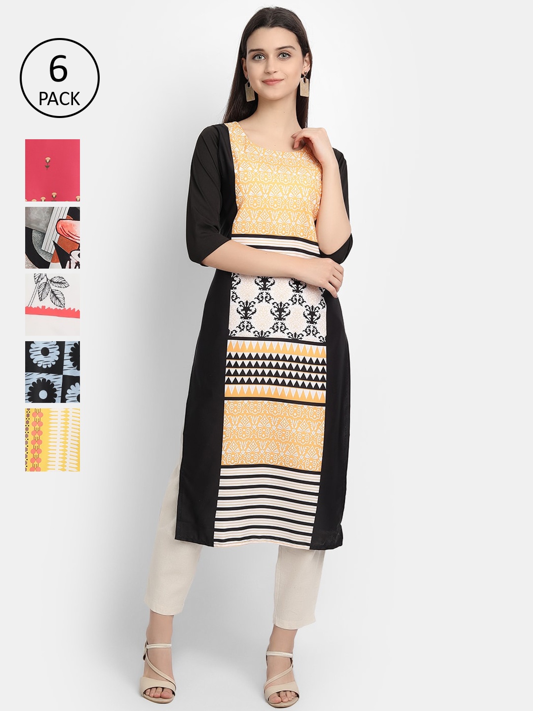 

7Threads Women Pack of 6 Crepe Ethnic Motifs Printed Crepe Kurta, Pink