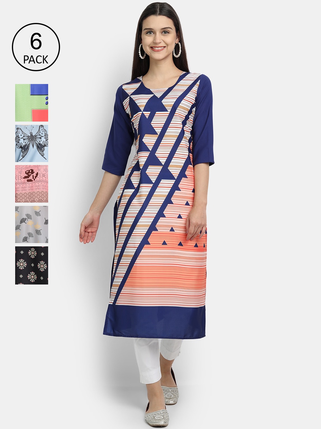 

7Threads Pack of 6 Women Printed Crepe Kurta, Multi