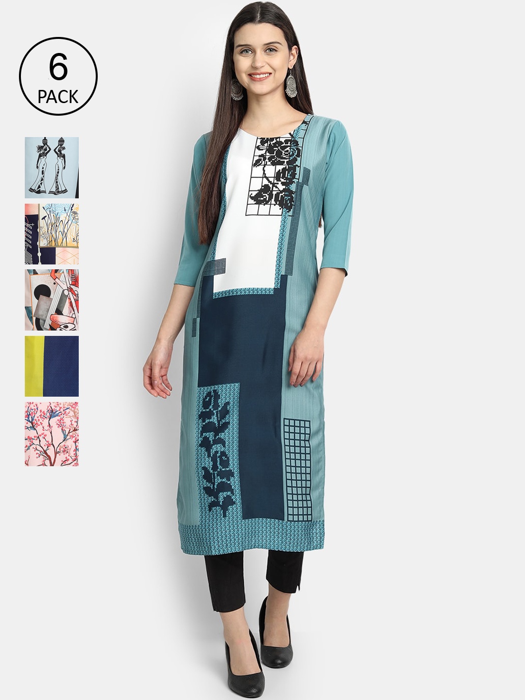 

7Threads Women Pack Of 6 Digital Print Straight Kurta, Multi
