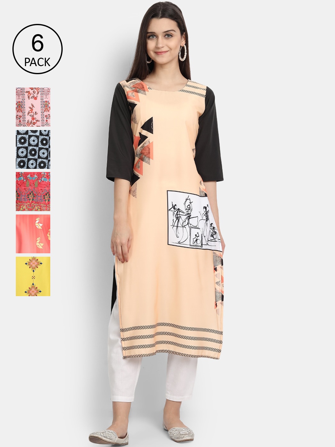 

7Threads Women Multicoloured & creampuff Geometric Printed Patchwork Crepe Kurta, Multi