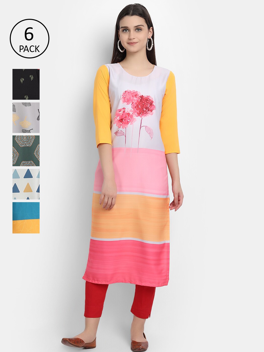 

7Threads Women Multicoloured Pack Of 6 Digital Printed Crepe Straight Kurta, Multi