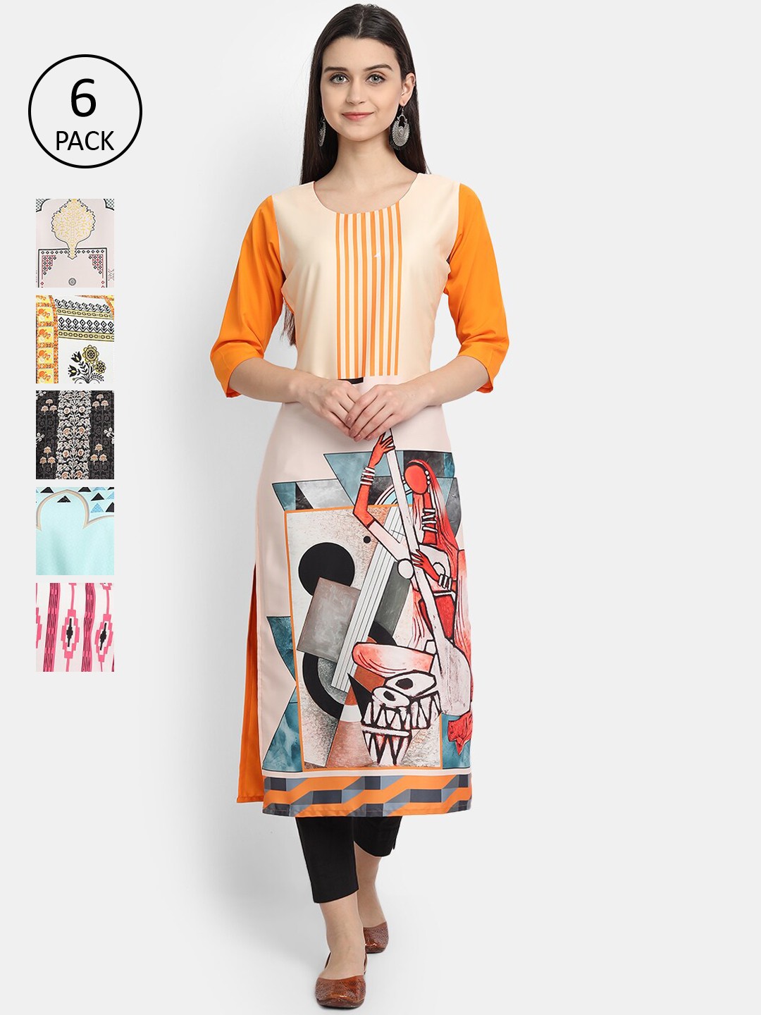 

7Threads Women Pack Of 6 Multicoloured Geometric Printed Crepe Kurta, Multi