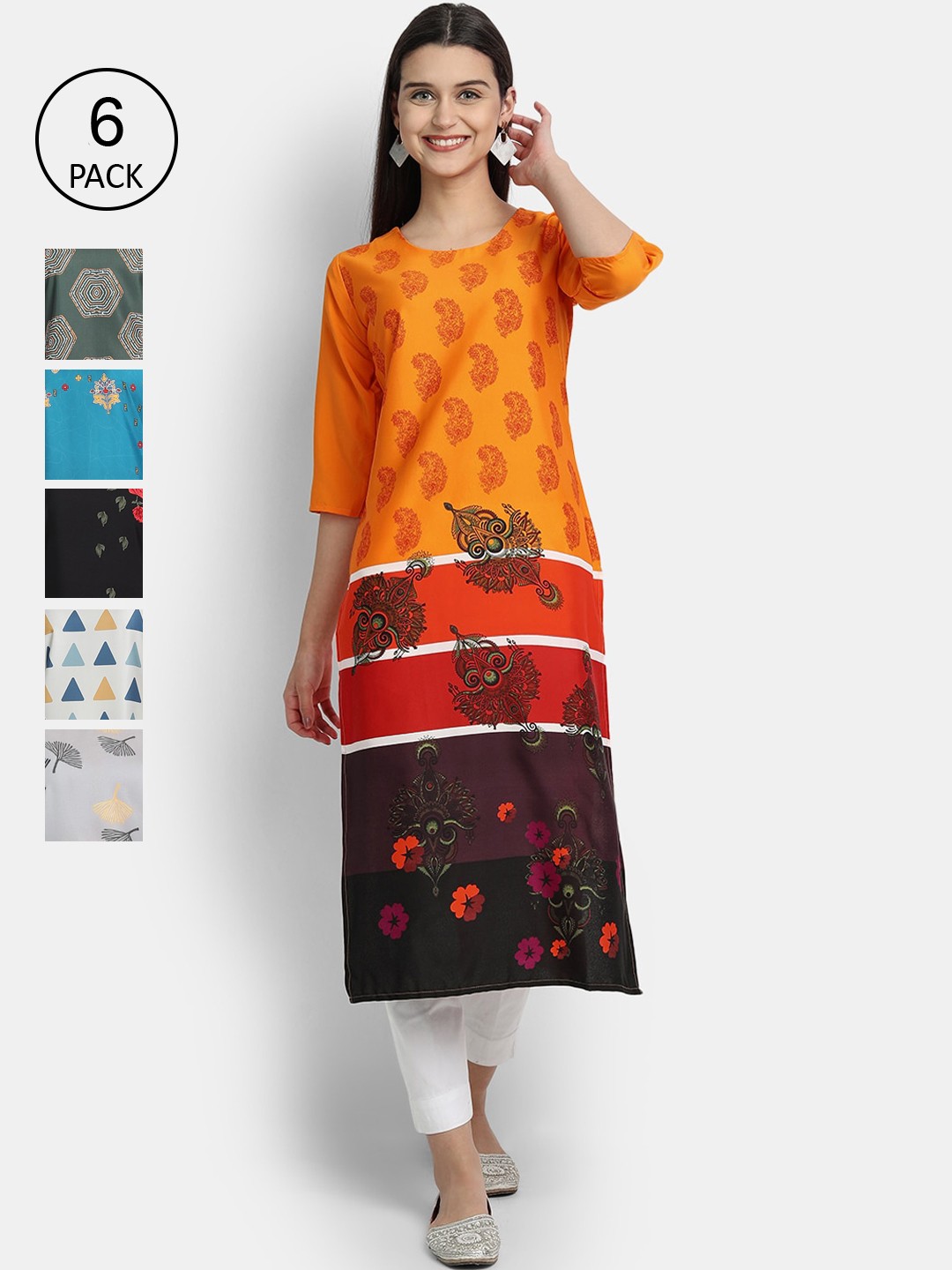 

7Threads Pack of 6 Women Printed Crepe Kurta, Multi