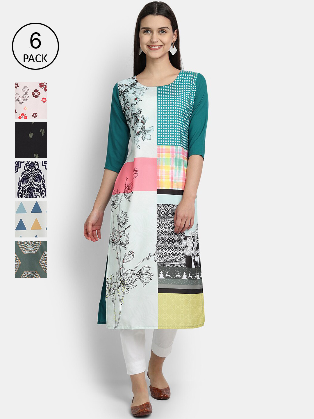 

7Threads Women Pack Of 6 Floral Printed Crepe Kurta, Multi