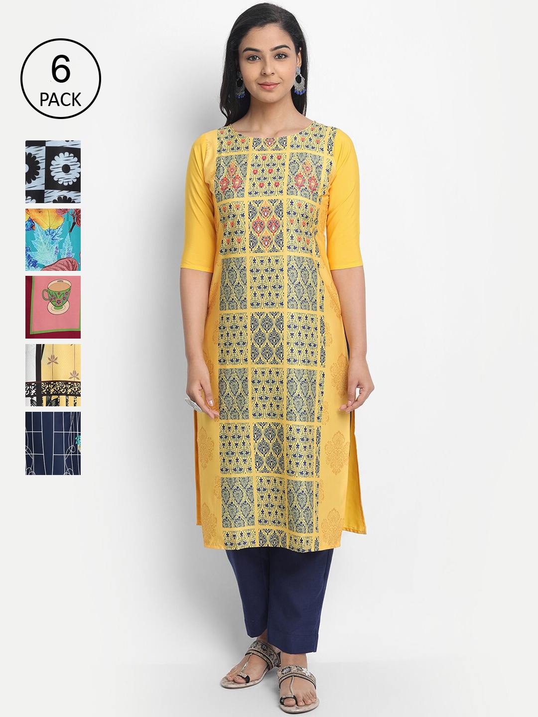 

7Threads Women Pack Of 6 Multicoloured Ethnic Motifs Printed Crepe Kurta, Multi