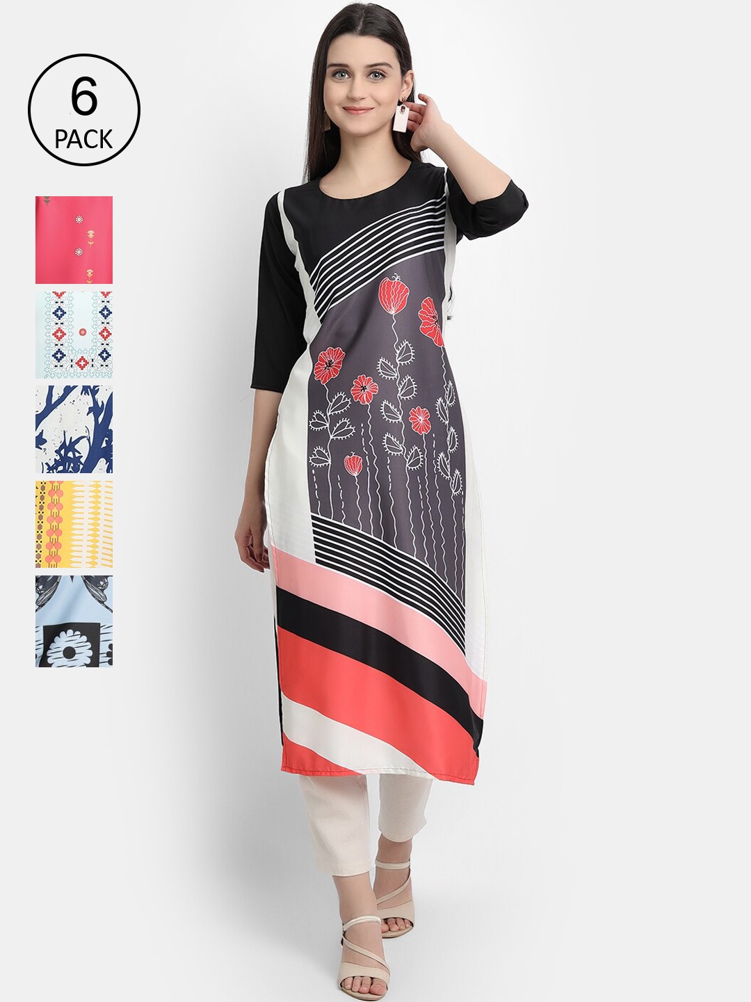 7Threads Women Pack of 6 Geometric Printed Crepe Kurta, Multi