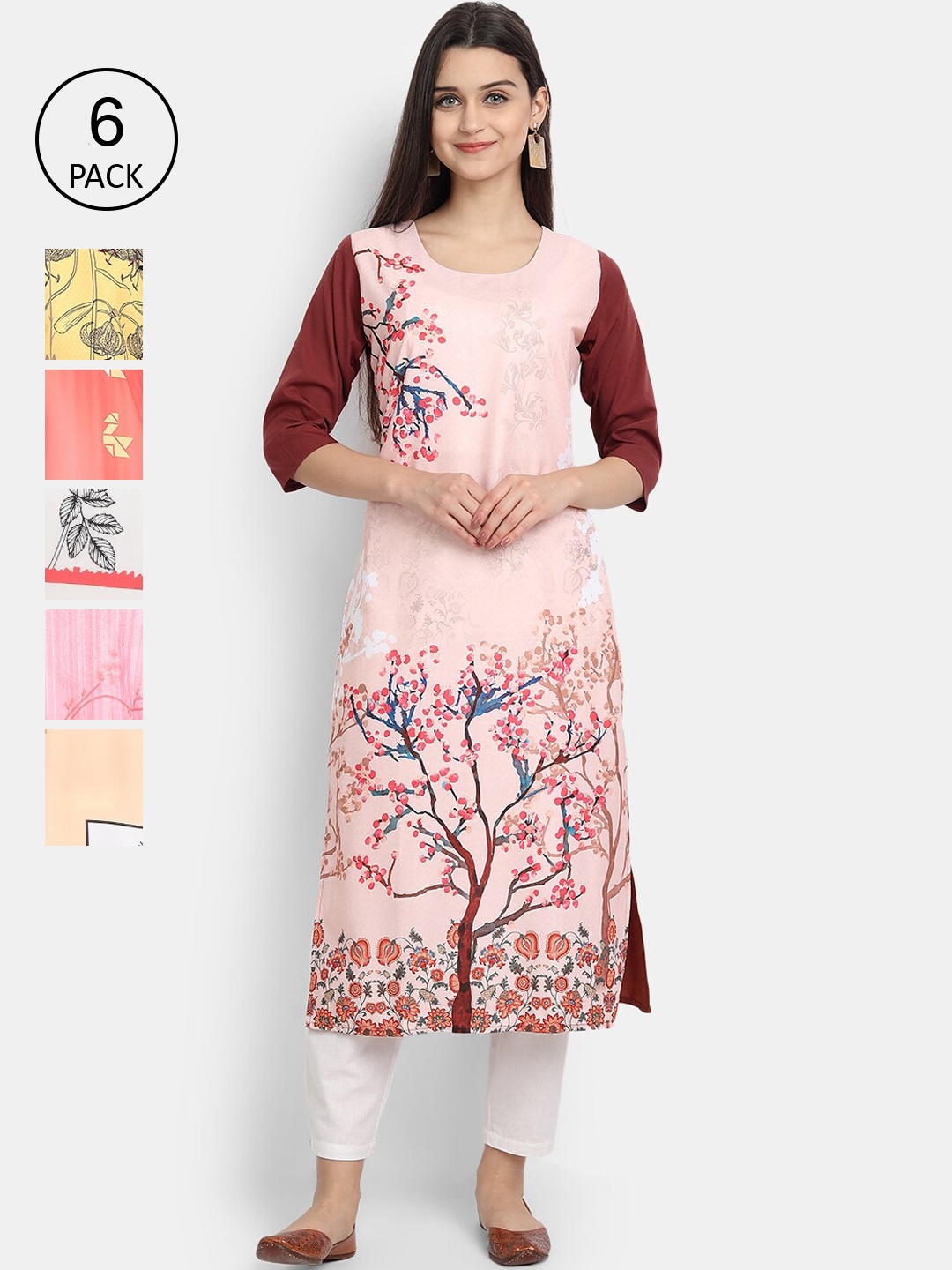 

7Threads Women Pack Of 6 Floral Printed Crepe Kurta, Multi