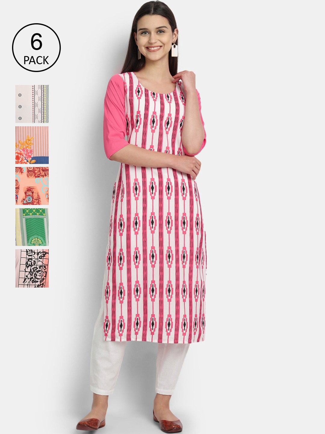 

7Threads Women Pink & Green Geometric Printed Crepe Kurta