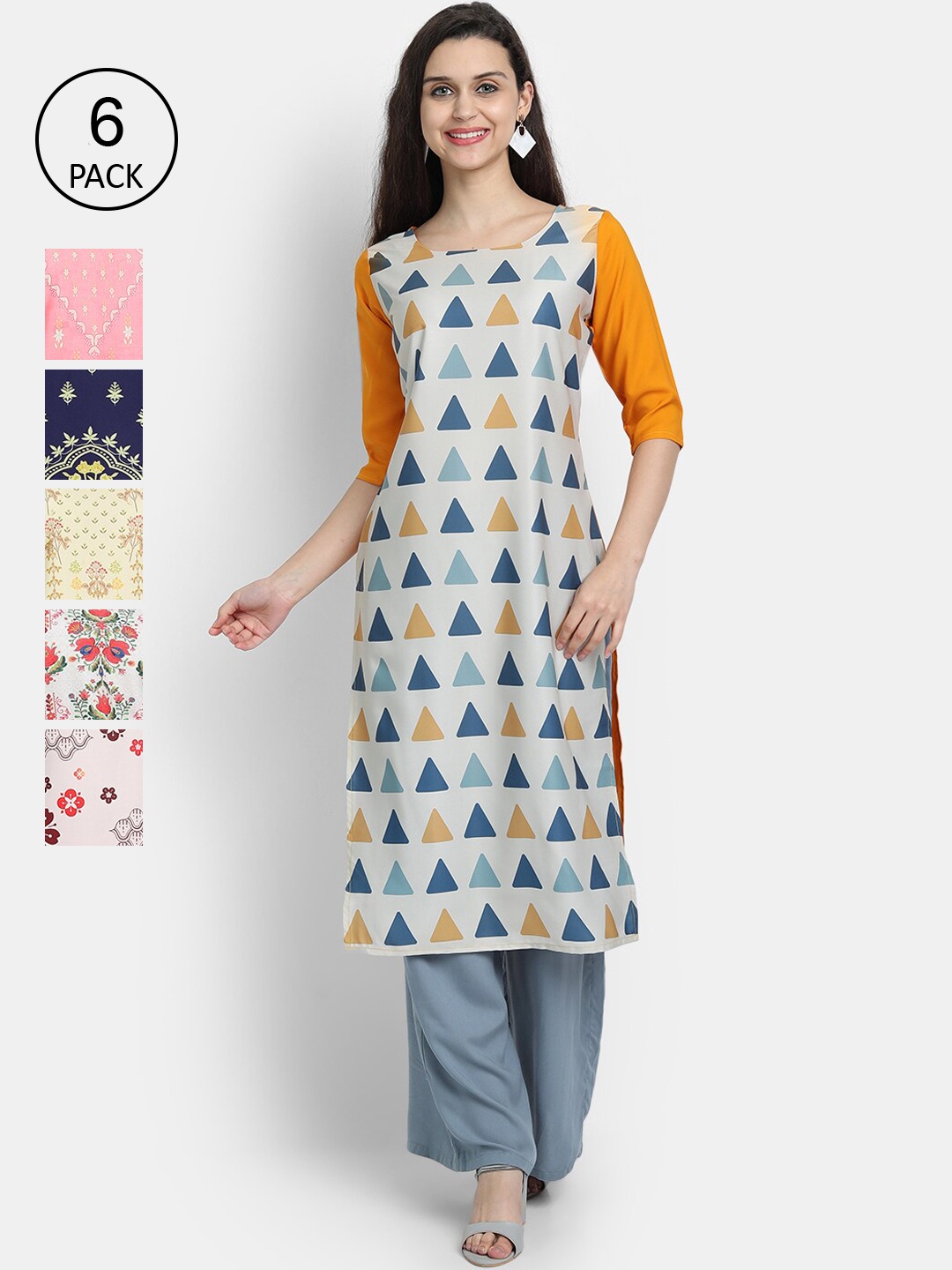 

7Threads Women Pack of 6 Ethnic Motifs Printed Crepe Kurta, Multi