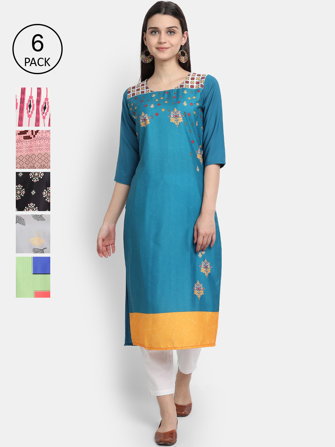 

7Threads Women Pack of 6 Multicoloured Printed Crepe Straight Kurta, Multi
