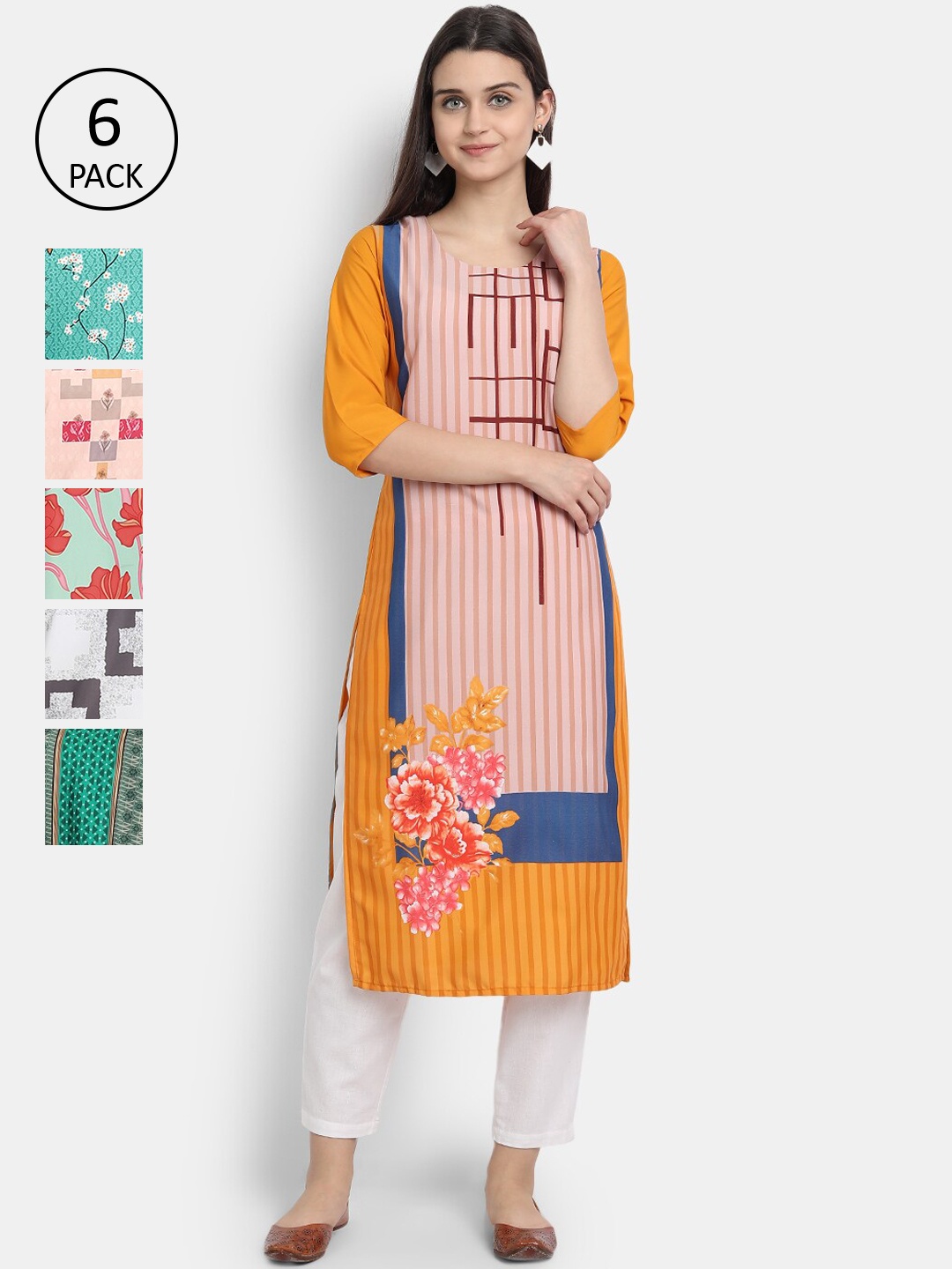 

7Threads Women Multicoloured Pack Of 6 Digital Printed Crepe Kurta, Multi