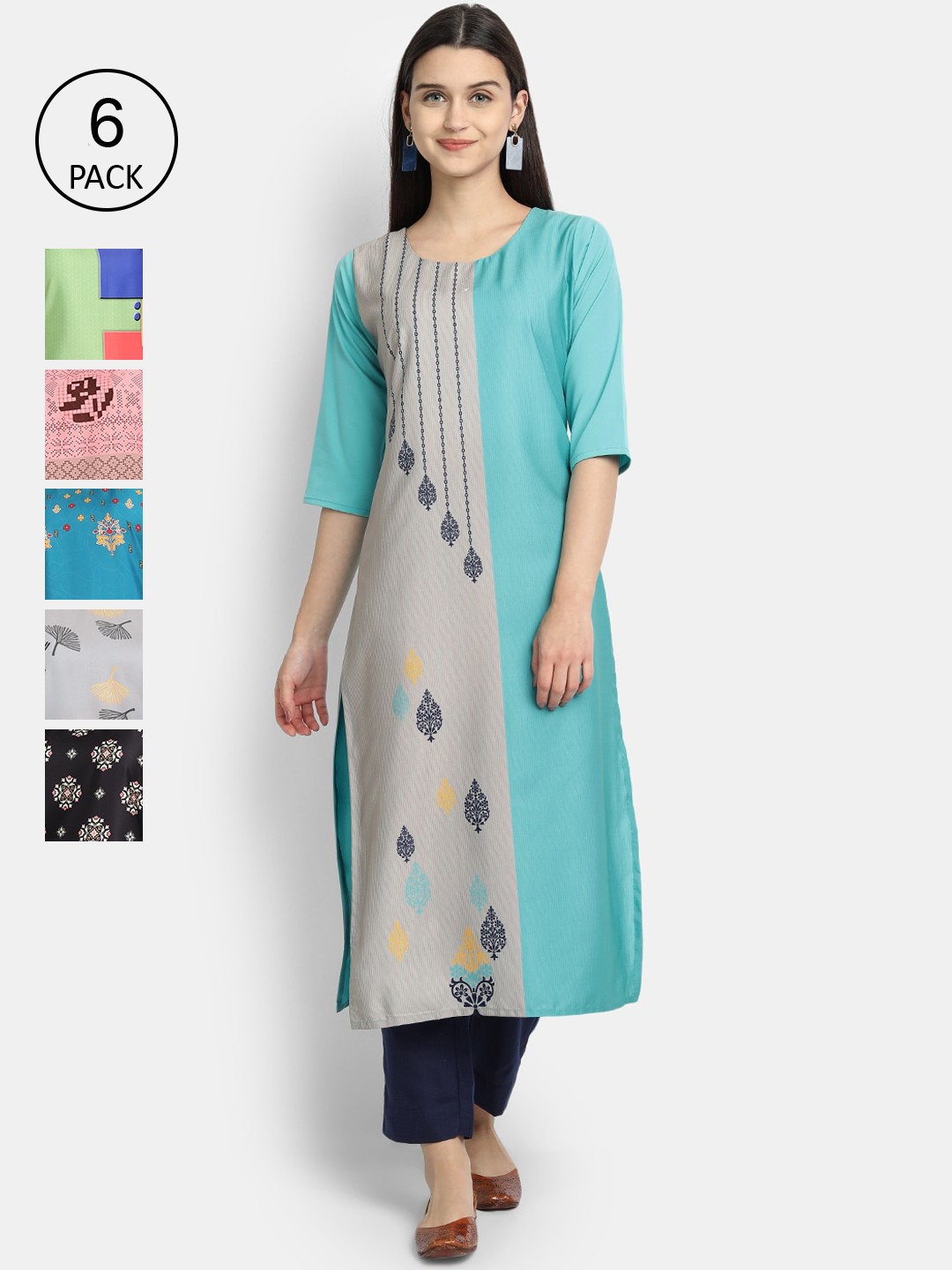

7Threads Women Pack of 6 Ethnic Motifs Printed Crepe Kurta, Blue