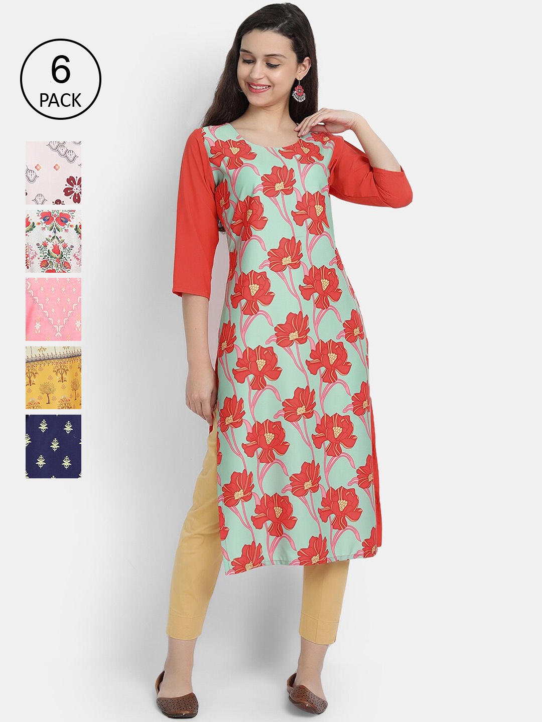 

7Threads Women Red & Pink Floral Printed Crepe Kurta
