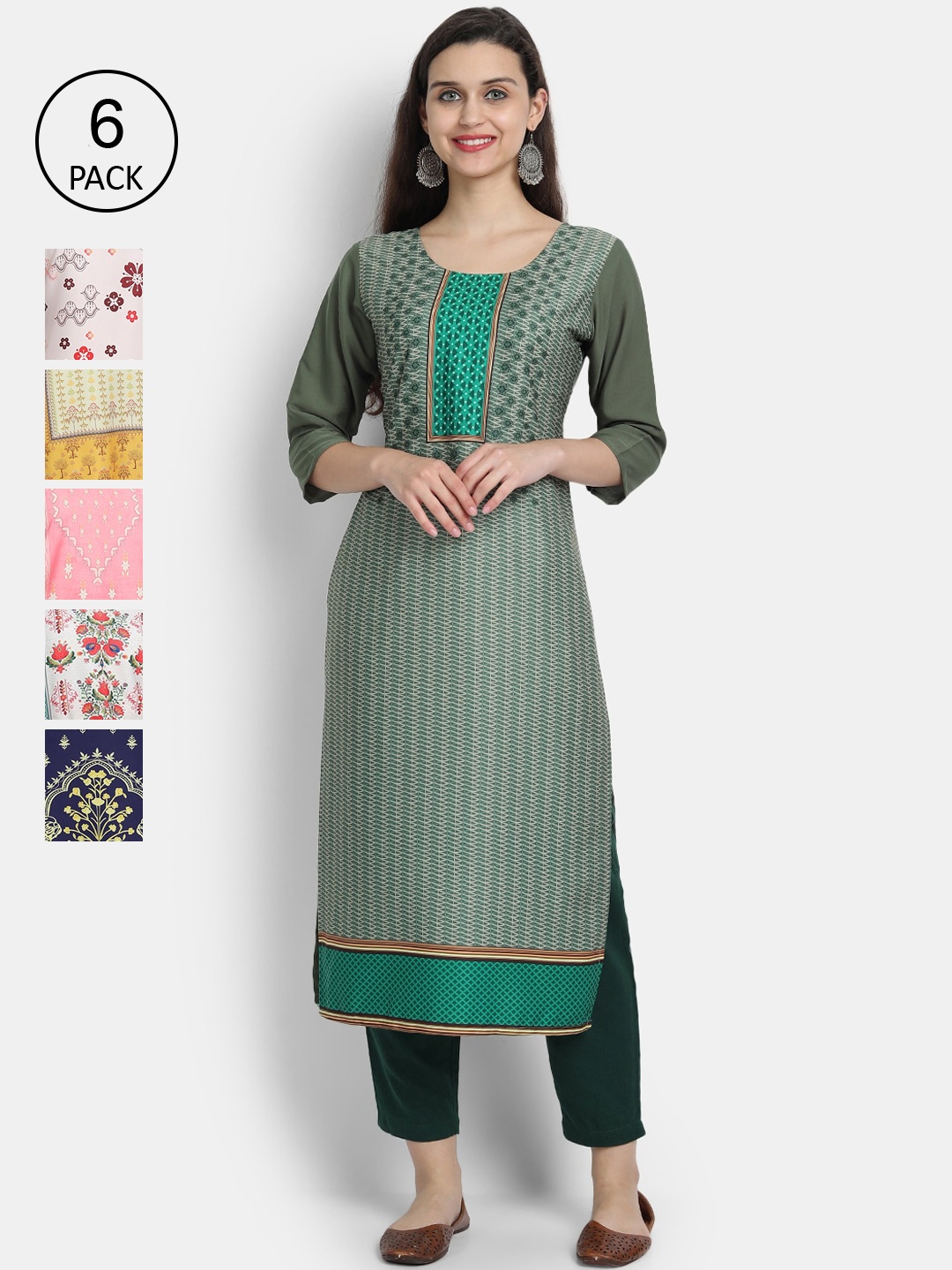 

7Threads Women Green & Yellow Ethnic Motifs Printed Crepe Kurta