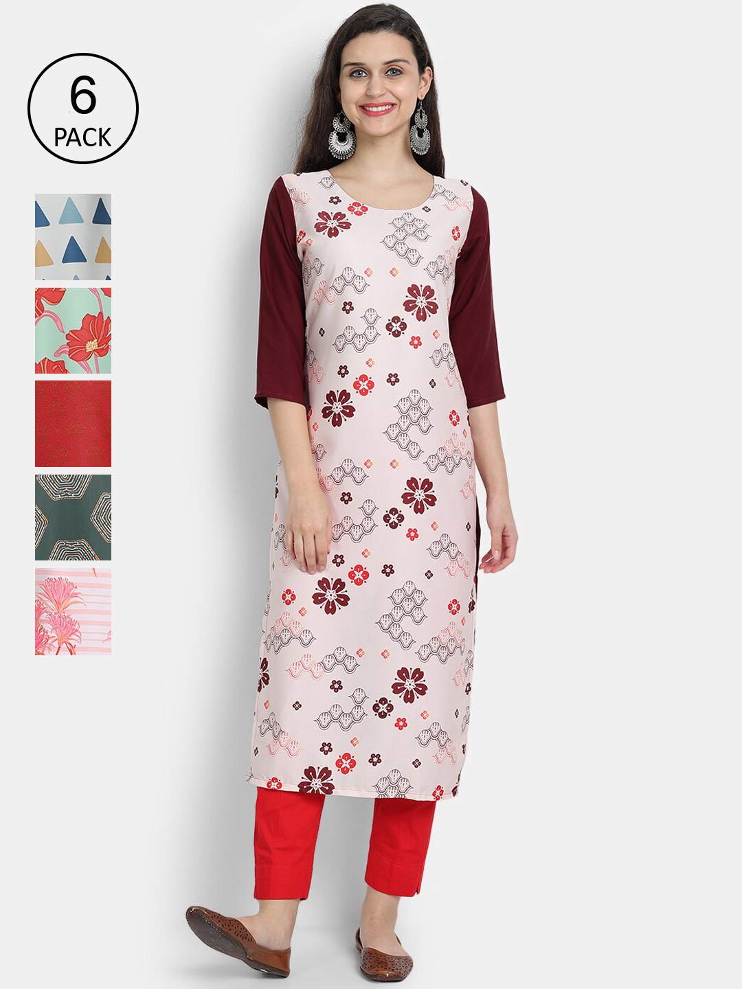 

7Threads Women Pack Of 6 Multicoloured Floral Printed Thread Work Crepe Kurta, Multi