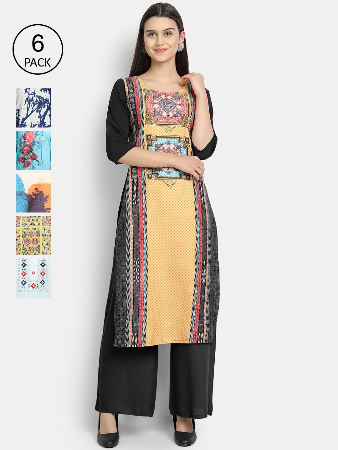 

7Threads Women Pack of 6 Ethnic Motifs Printed Crepe Kurta, Multi