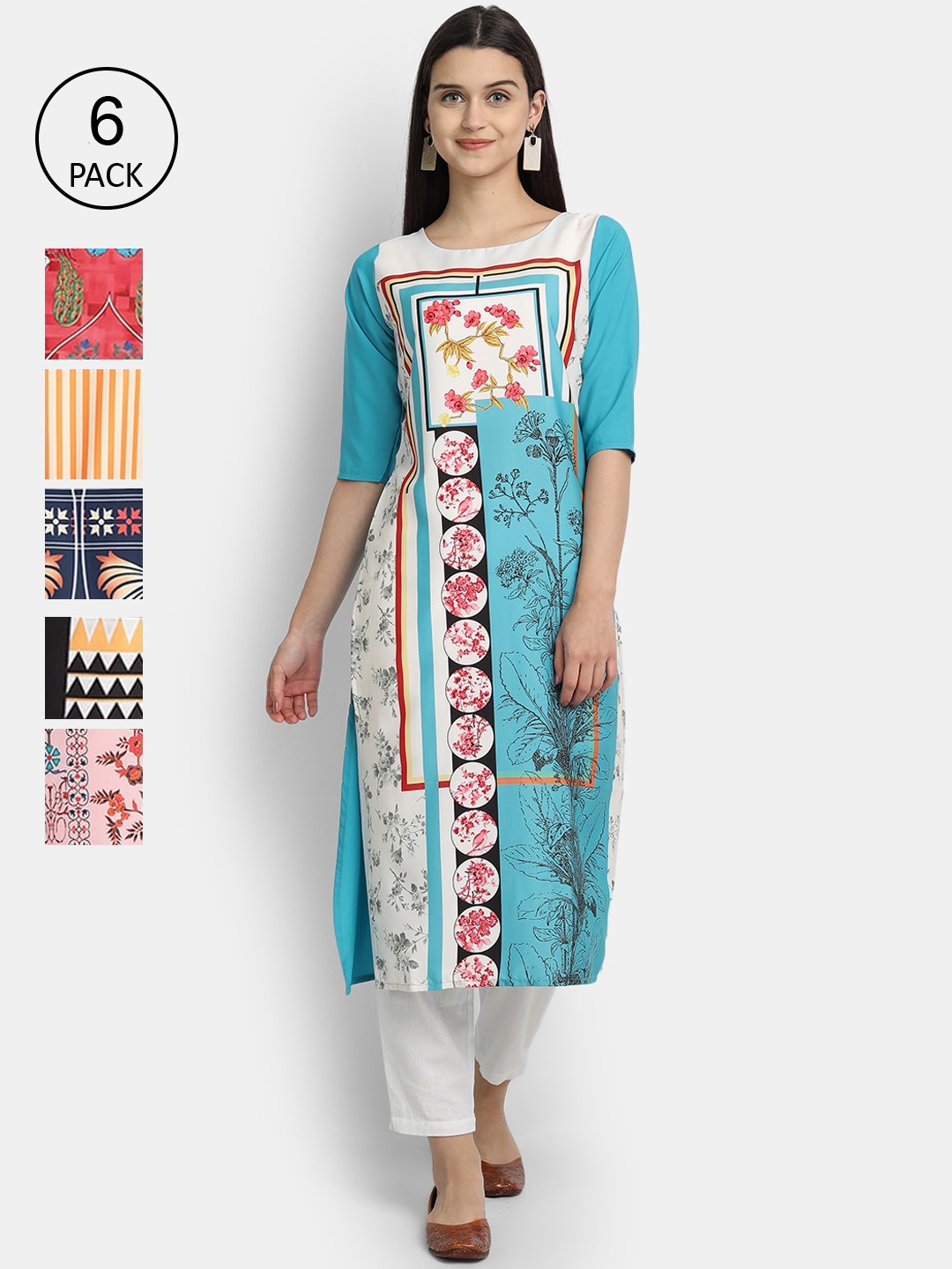 

7Threads Women Blue & Red Floral Printed Crepe Kurta