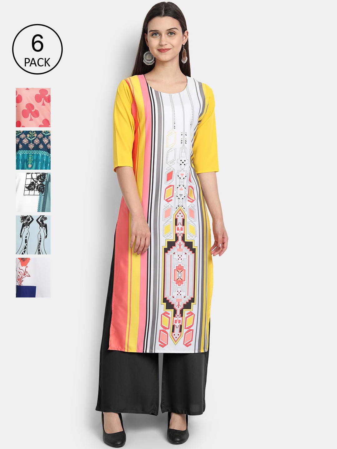 

7Threads Women Multicoloured Pack Of 6 Digital Printed Crepe Straight Kurta, Multi
