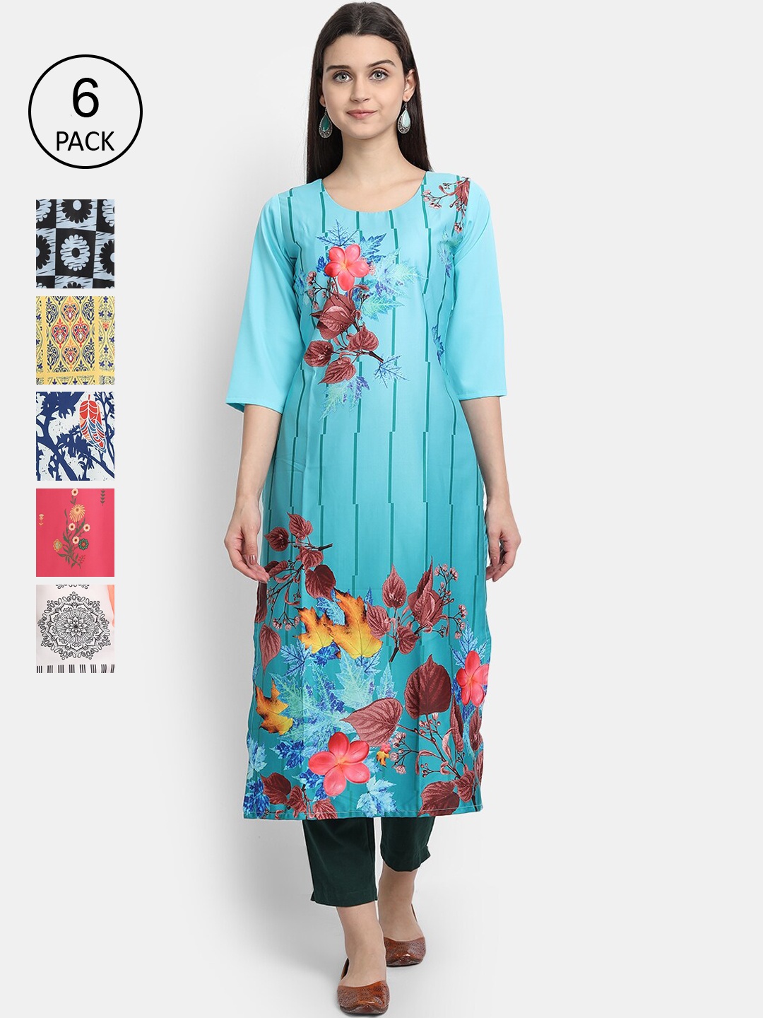 

7Threads Women Pack of 6 Ethnic Motifs Printed Crepe Kurta, Blue