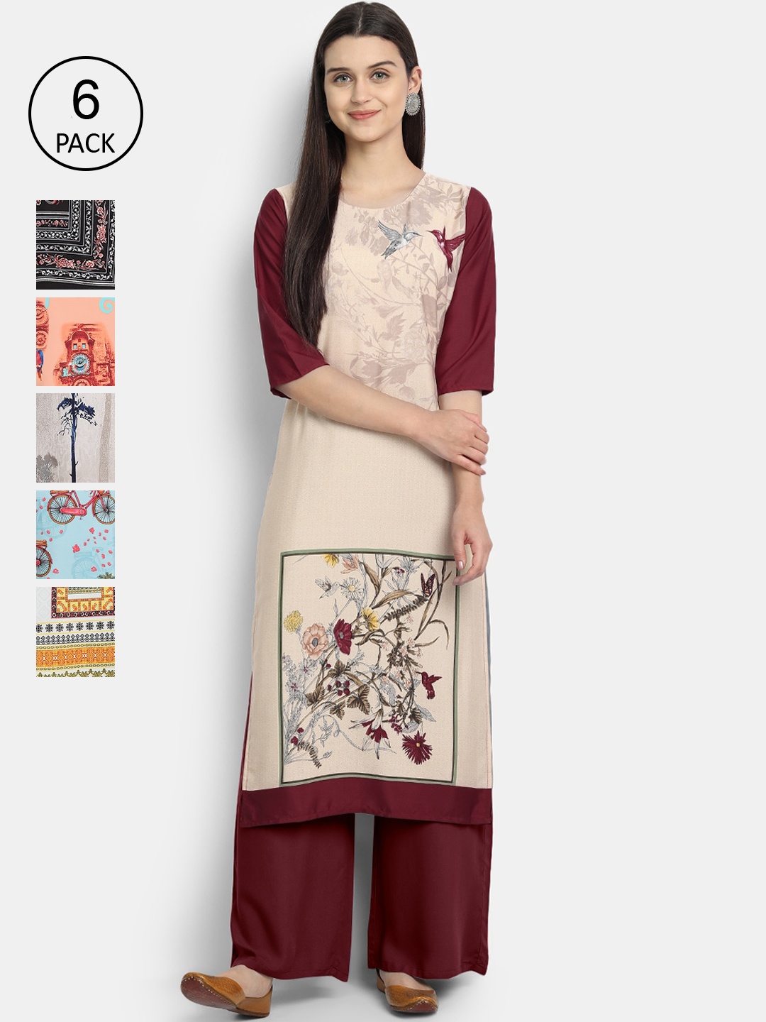 

7Threads Women Beige & Blue Floral Printed Crepe Kurta