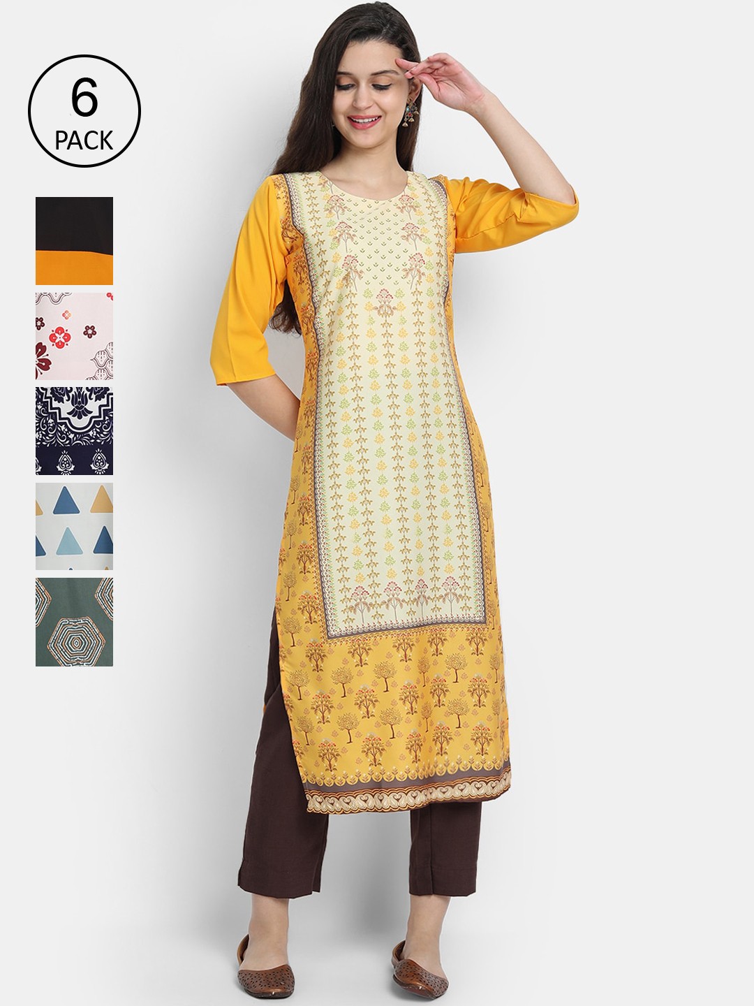 

7Threads Women Pack of 6 Ethnic Motifs Printed Crepe Kurta, Yellow