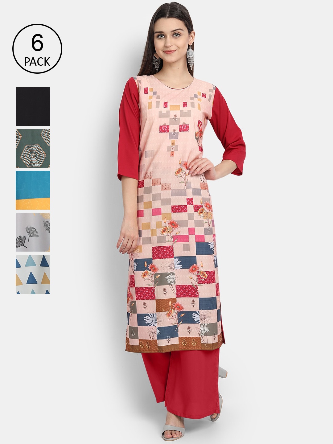 

7Threads Women Red & Black Geometric Printed Crepe Kurta