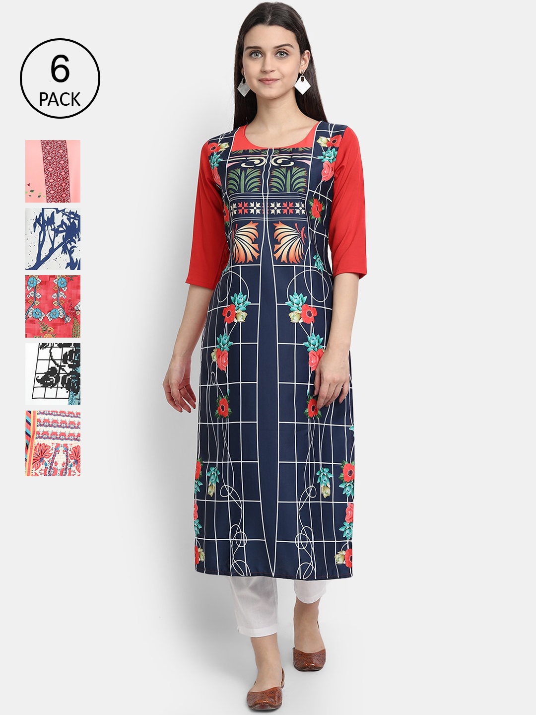 

7Threads Women Blue & Coral Floral Printed Crepe Kurta