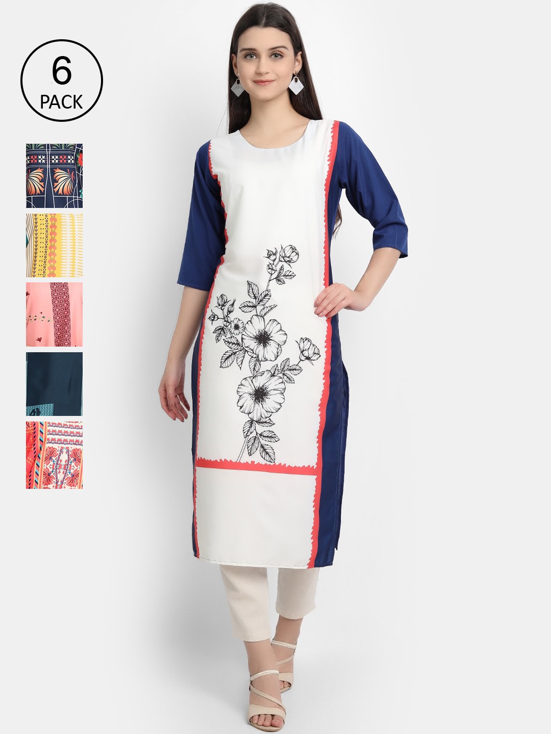 

7Threads Women Pack of 6 Floral Printed Crepe Kurta, Multi