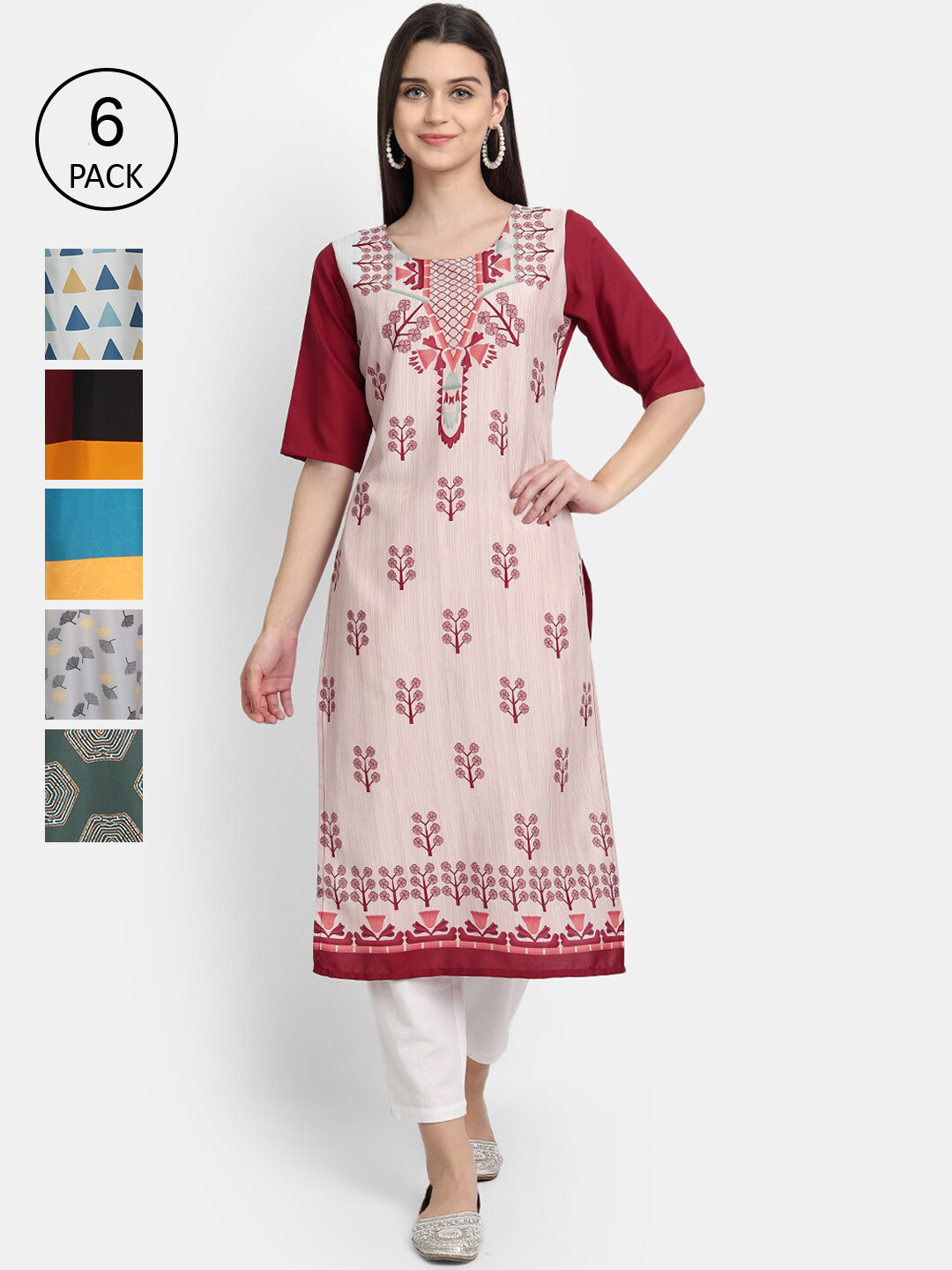 

7Threads Women Pack Of 6 Multicoloured Ethnic Motifs Printed Thread Work Crepe Kurta, Multi