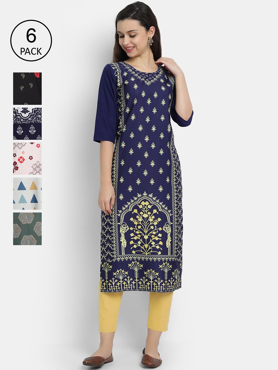 

7Threads Women Multicoloured Pack Of 6 Digital Printed Crepe Straight Kurta, Multi