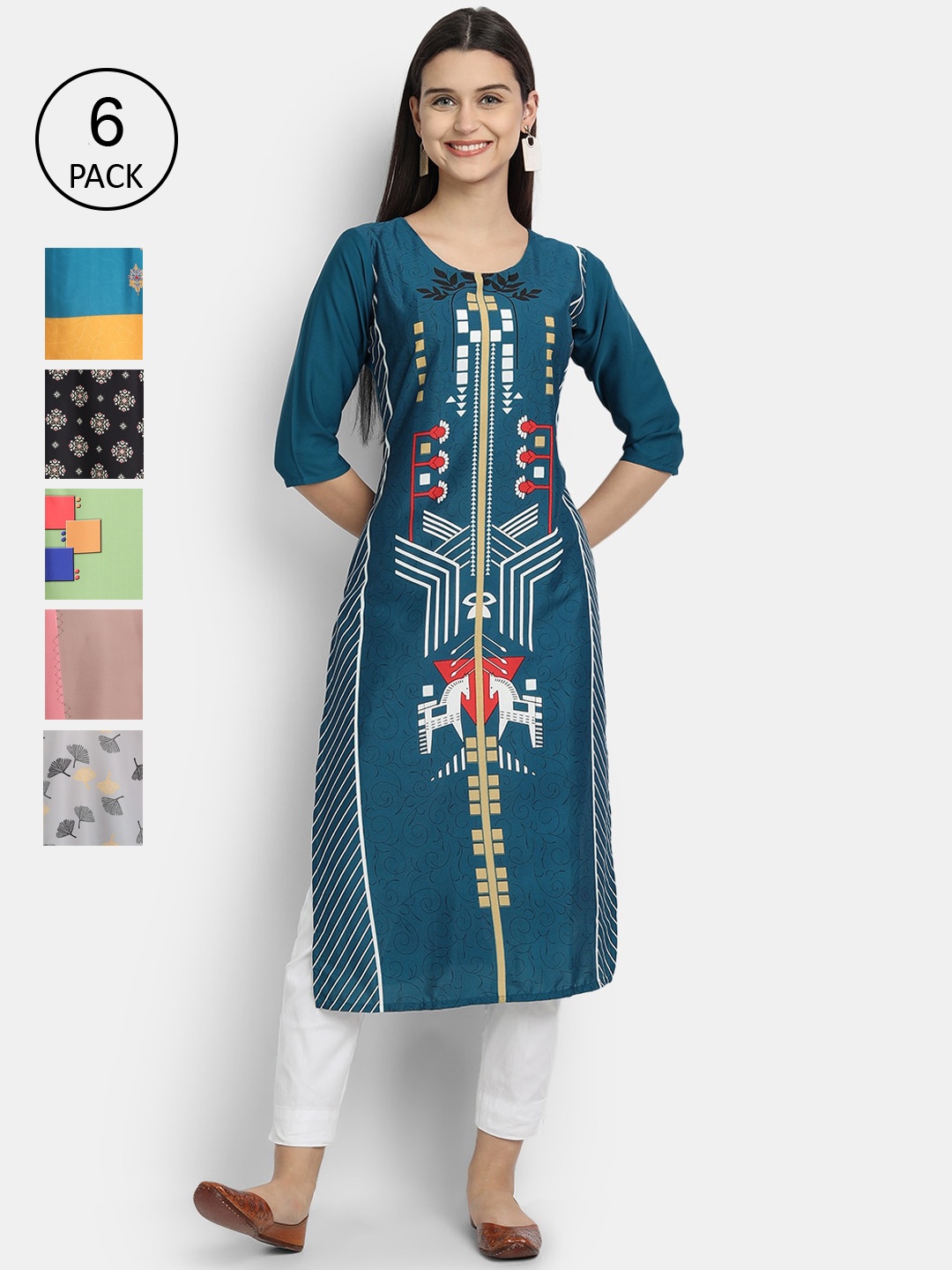 

7Threads Women Pack Of 6 Printed Crepe Kurta, Multi