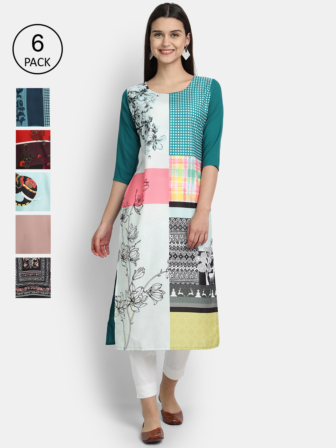

7Threads Women Pack of 6 Multicoloured Printed Crepe Straight Kurta, Multi
