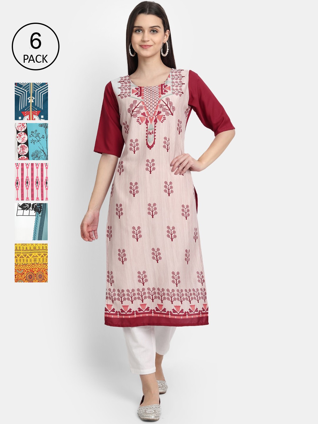 

7Threads Women Pack of 6 Ethnic Motifs Printed Crepe Kurta, Pink
