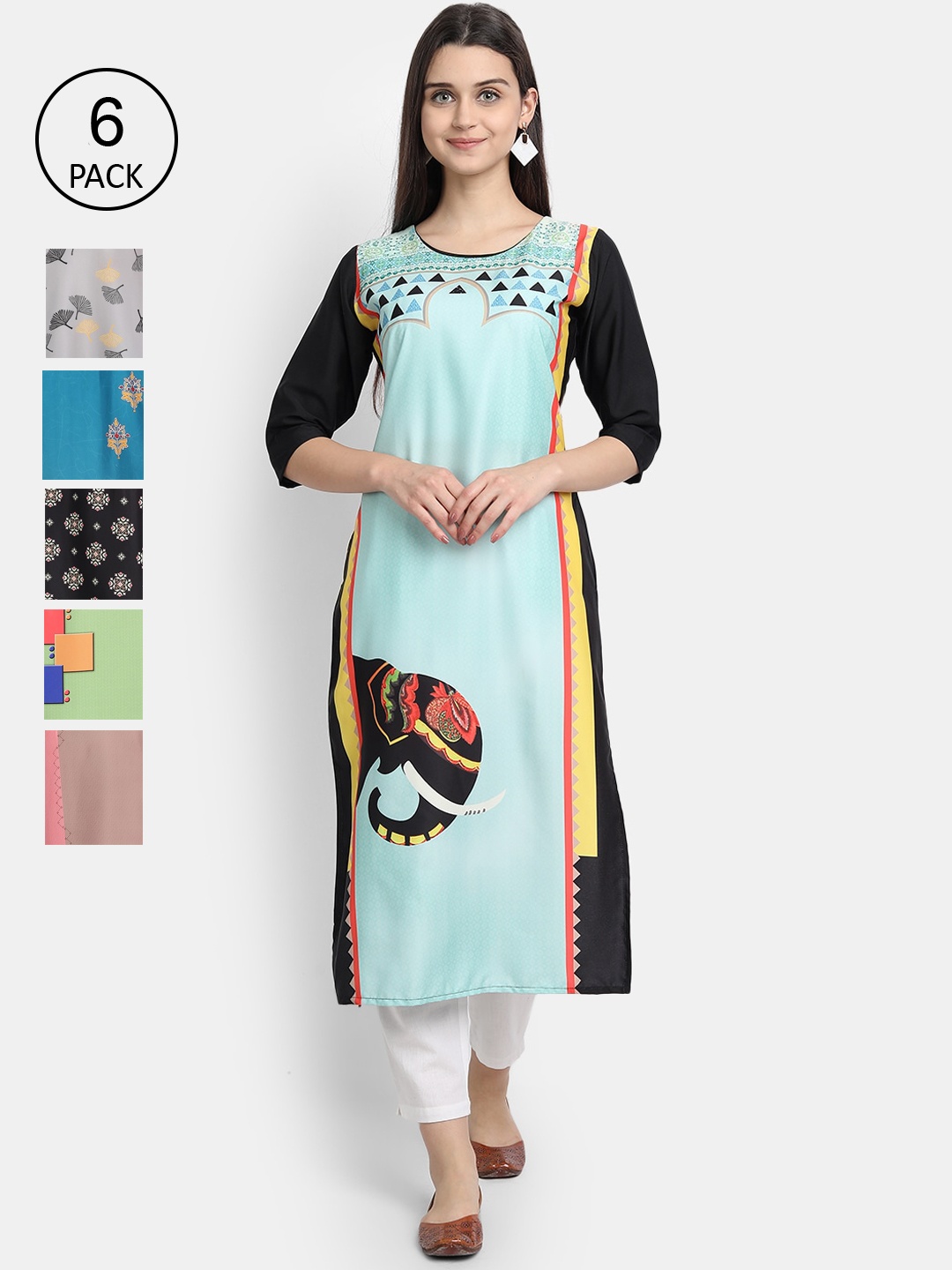 

7Threads Women Pack Of 6 Multicoloured Printed Crepe Kurta, Multi