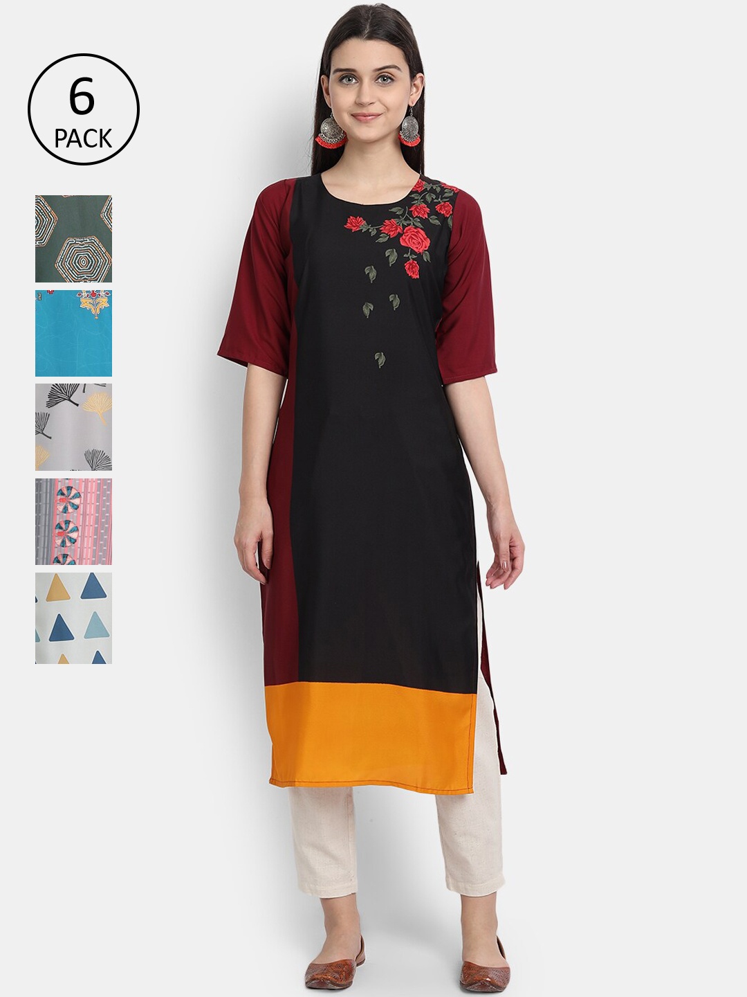 

7Threads Women Pack of 6 Ethnic Motifs Printed Crepe Kurta, Multi