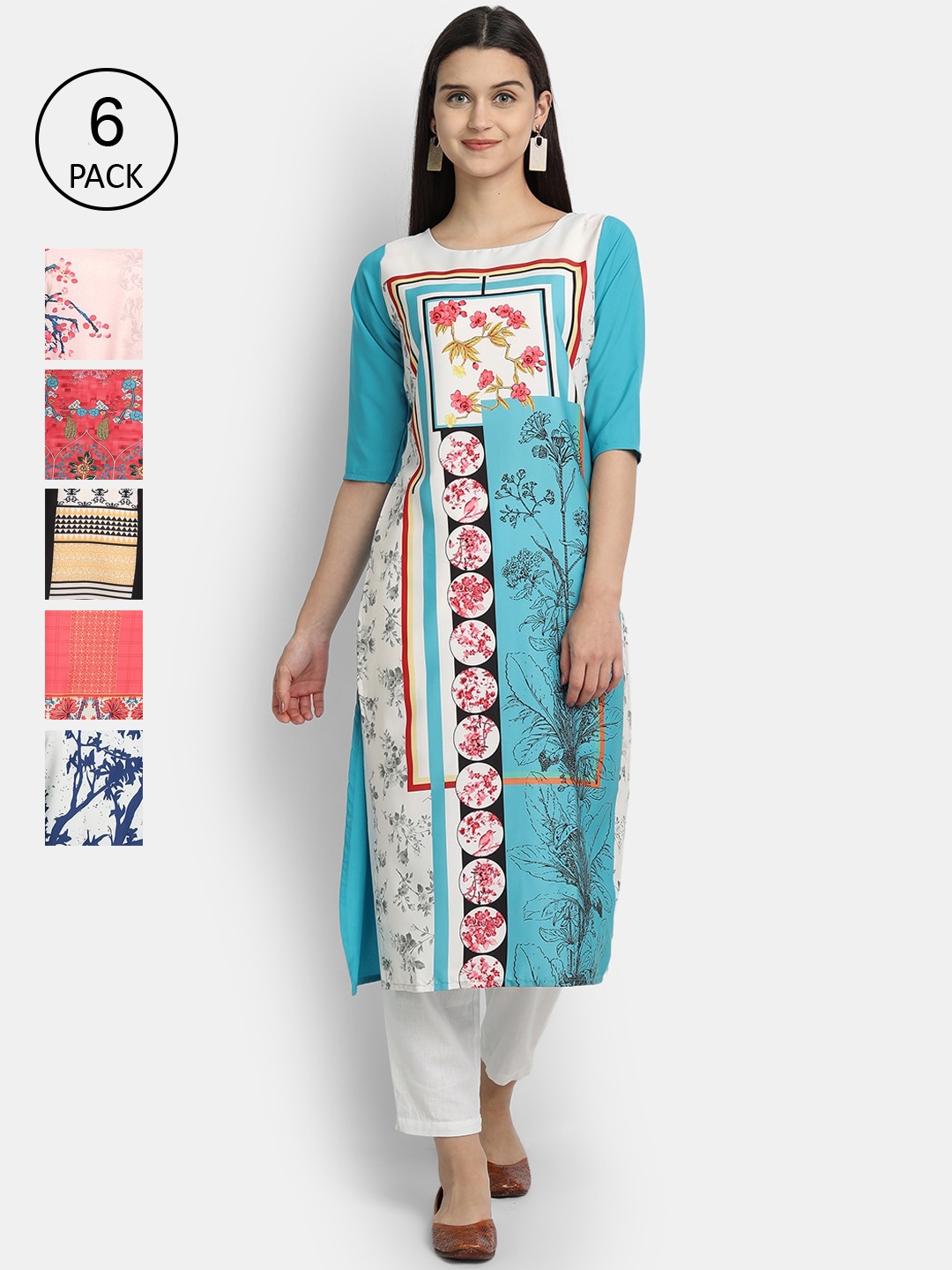 

7Threads Women Pack Of 6 Multicoloured Floral Printed Crepe Kurta, Multi