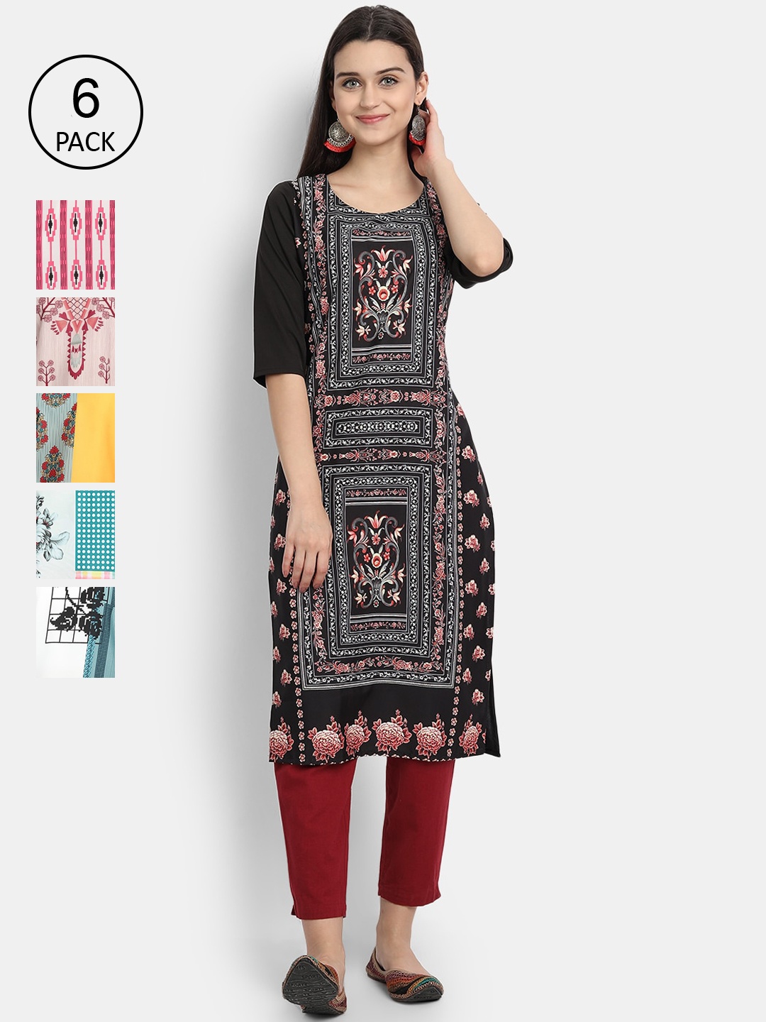 

7Threads Women Pack Of 6 Kurtas, Black
